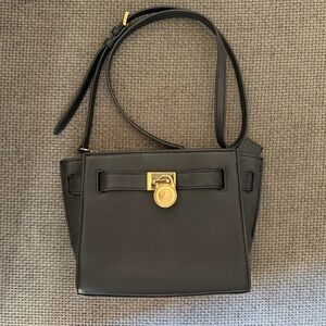 Michael Kors Black Leather Hamilton Traveler Crossbody Bag Gold Padlock Classic